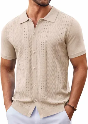 COOFANDY Mens Knit Button Down Shirt Short Sleeve Summer Casual Shirts Vintage Beach Vacation Shirts