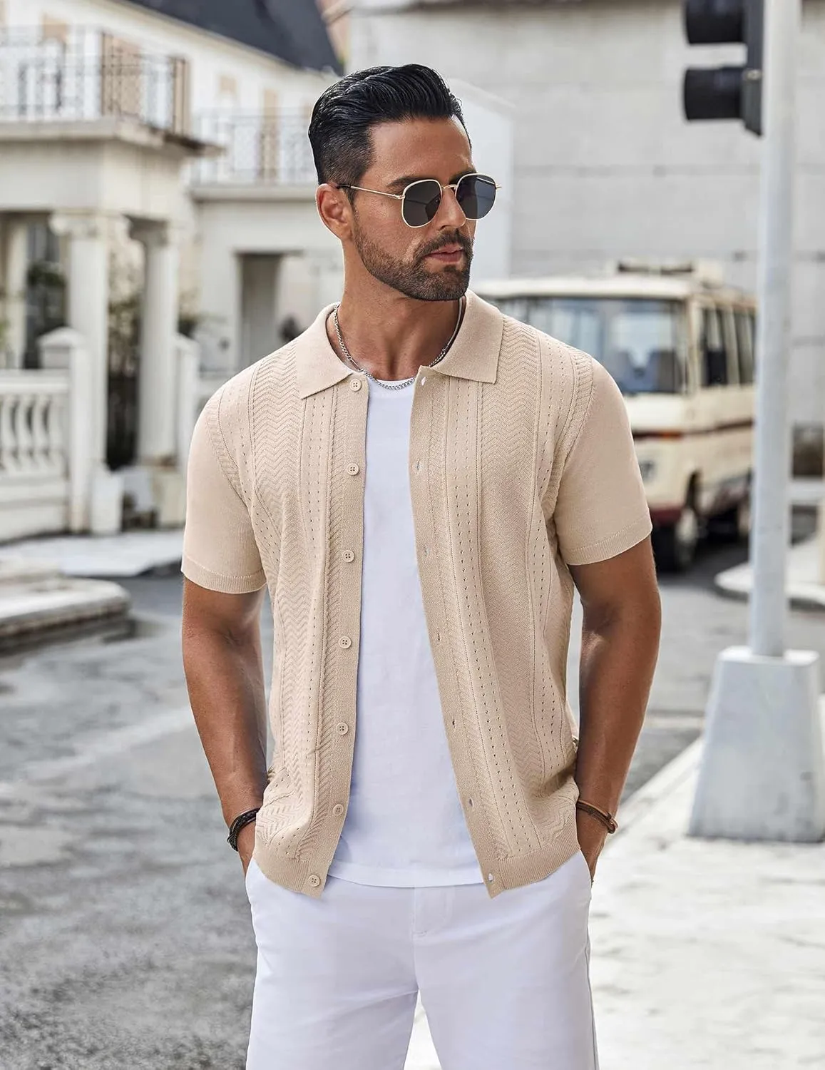 COOFANDY Mens Knit Button Down Shirt Short Sleeve Summer Casual Shirts Vintage Beach Vacation Shirts