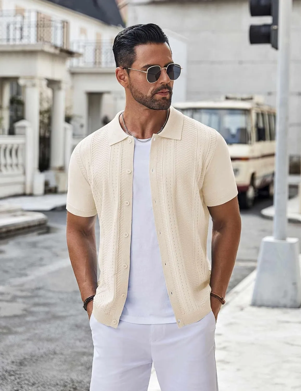 COOFANDY Mens Knit Button Down Shirt Short Sleeve Summer Casual Shirts Vintage Beach Vacation Shirts