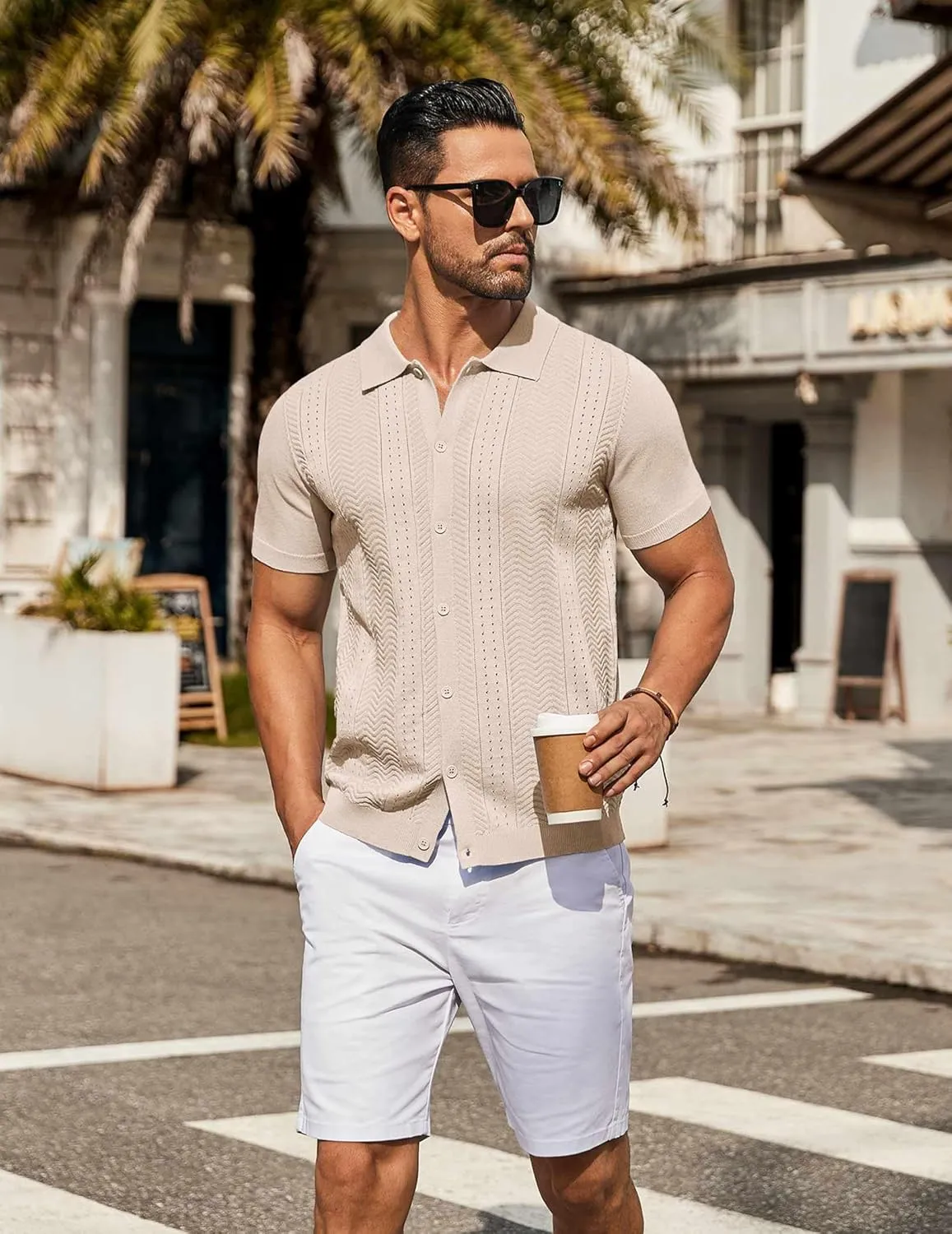 COOFANDY Mens Knit Button Down Shirt Short Sleeve Summer Casual Shirts Vintage Beach Vacation Shirts