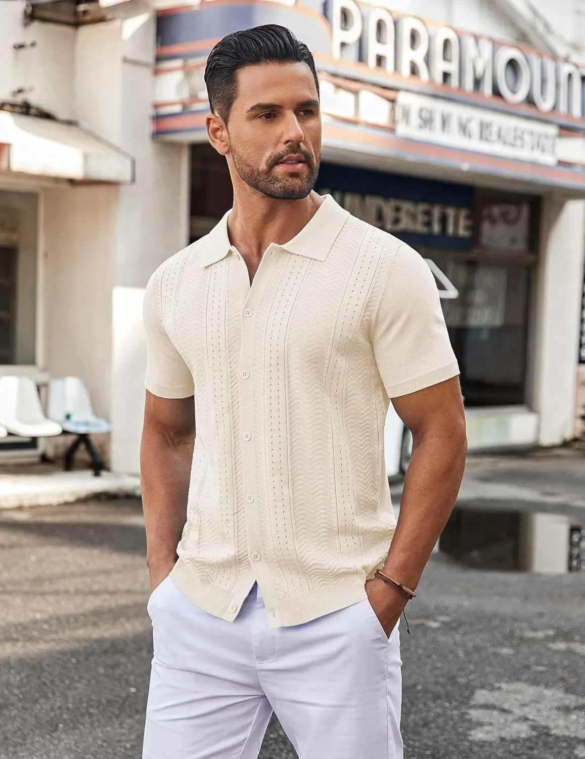 COOFANDY Mens Knit Button Down Shirt Short Sleeve Summer Casual Shirts Vintage Beach Vacation Shirts