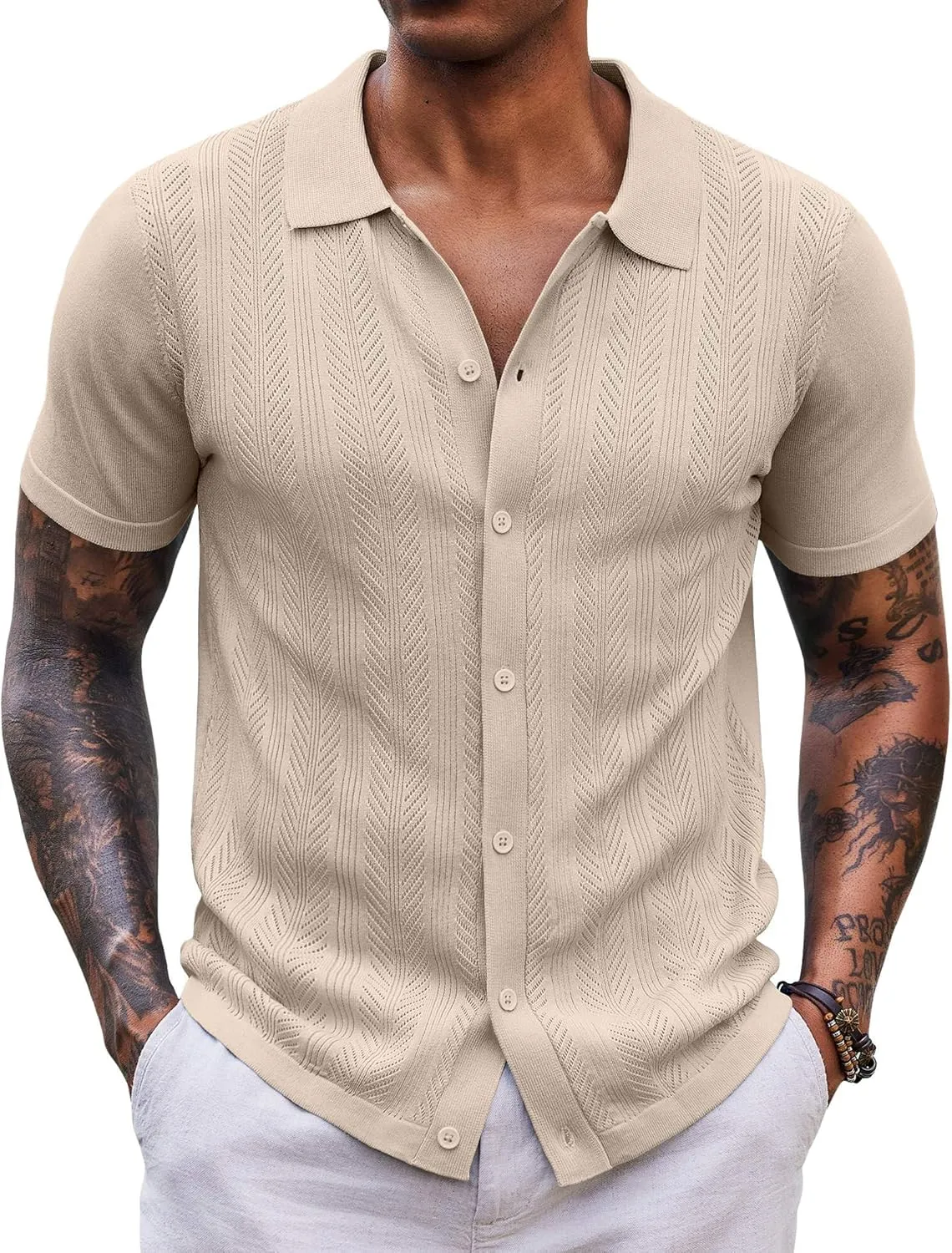 COOFANDY Mens Knit Button Down Shirts Short Sleeve Vintage Polo Shirt Casual Vacation Beach Shirts