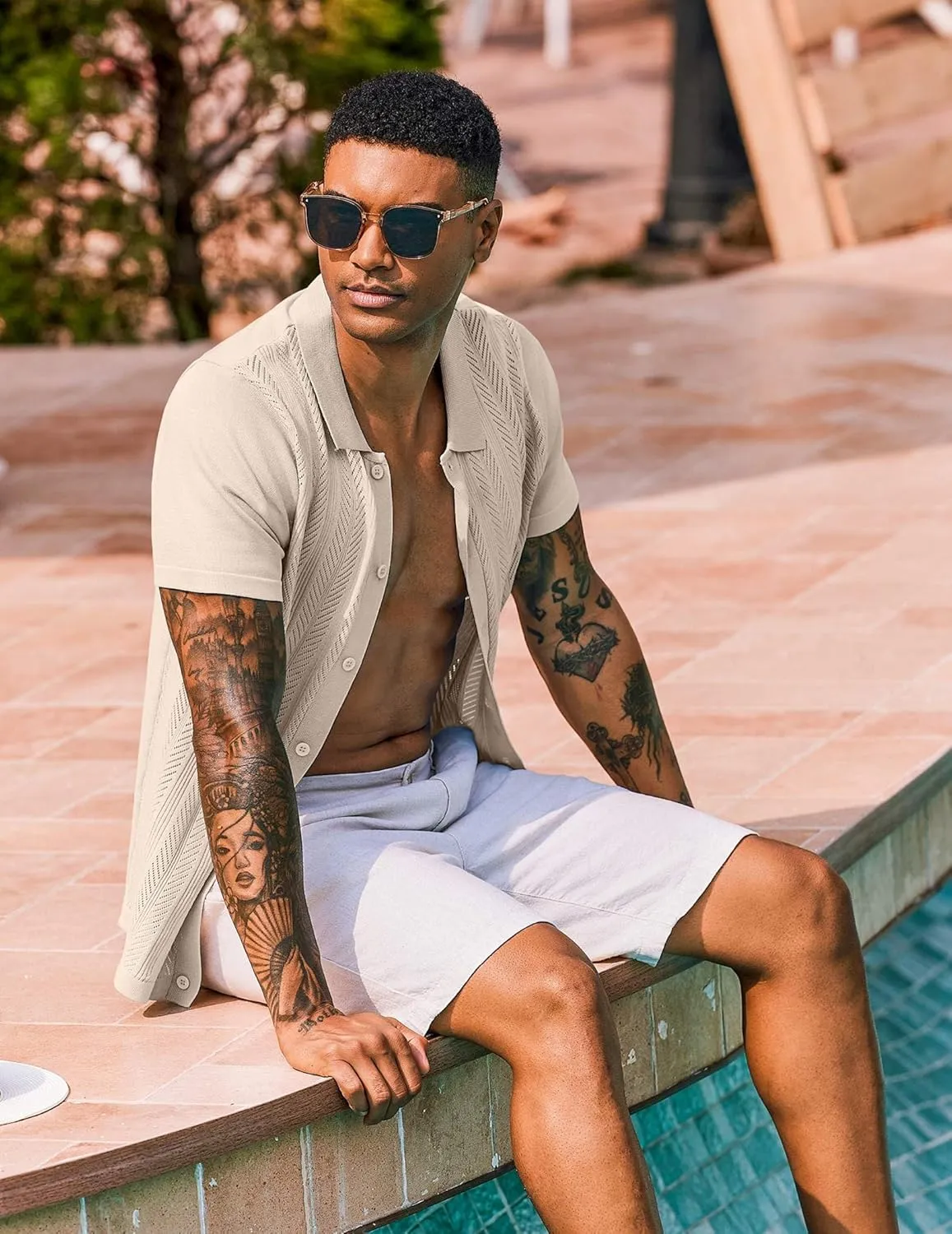 COOFANDY Mens Knit Button Down Shirts Short Sleeve Vintage Polo Shirt Casual Vacation Beach Shirts