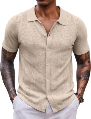 COOFANDY Mens Knit Button Down Shirts Short Sleeve Vintage Polo Shirt Casual Vacation Beach Shirts