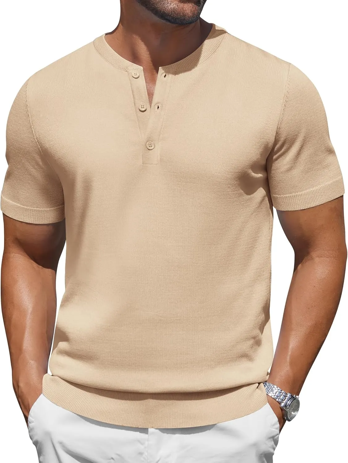 COOFANDY Men's Knit Henley Shirts Short Sleeve Casual Basic Tee Summer Button Soild T Shirts