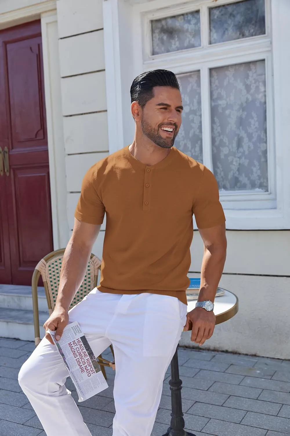 COOFANDY Men's Knit Henley Shirts Short Sleeve Casual Basic Tee Summer Button Soild T Shirts