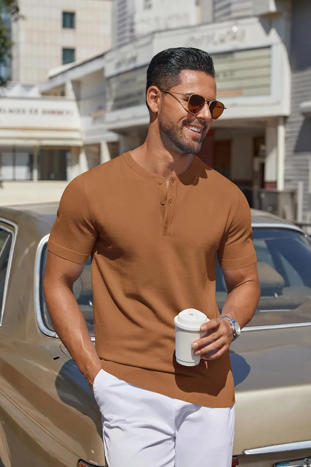 COOFANDY Men's Knit Henley Shirts Short Sleeve Casual Basic Tee Summer Button Soild T Shirts