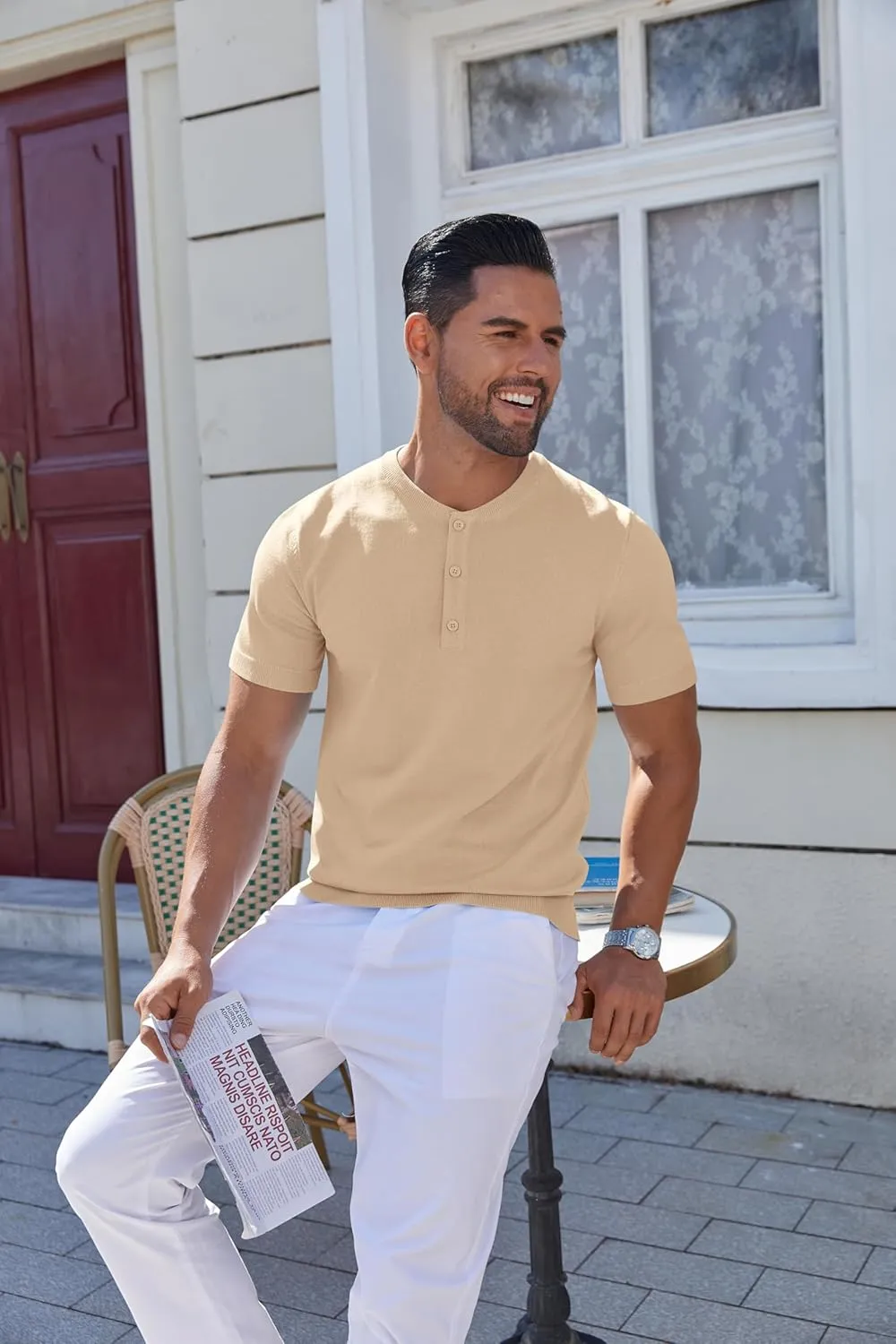 COOFANDY Men's Knit Henley Shirts Short Sleeve Casual Basic Tee Summer Button Soild T Shirts