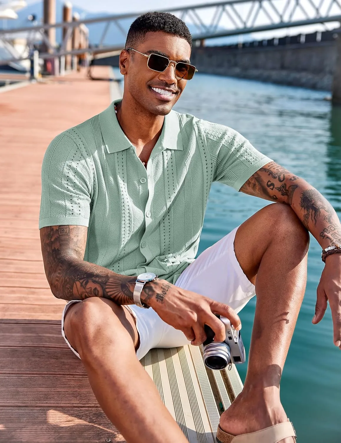 COOFANDY Men's Knit Shirts Short Sleeve Button Down Polo Shirt Fashion Casual Summer Beach Shirts