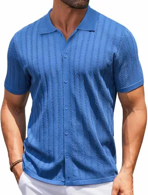 COOFANDY Men's Knit Shirts Short Sleeve Button Down Polo Shirt Vintage Casual Summer Beach Shirts