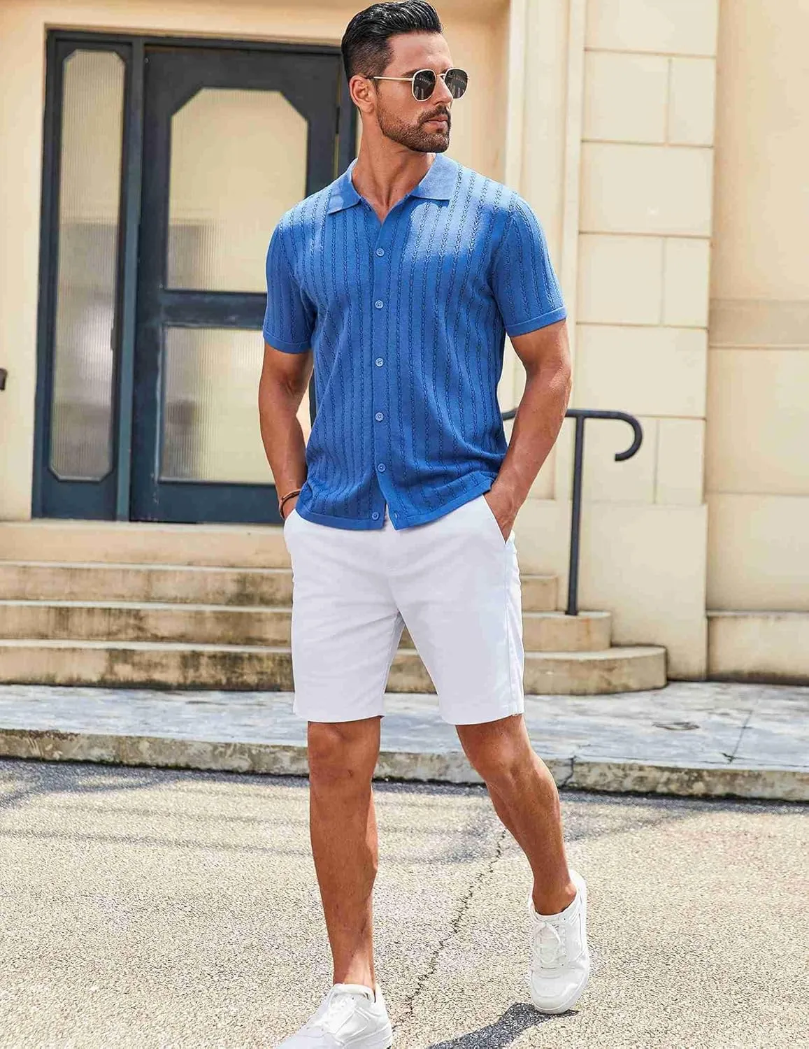 COOFANDY Men's Knit Shirts Short Sleeve Button Down Polo Shirt Vintage Casual Summer Beach Shirts