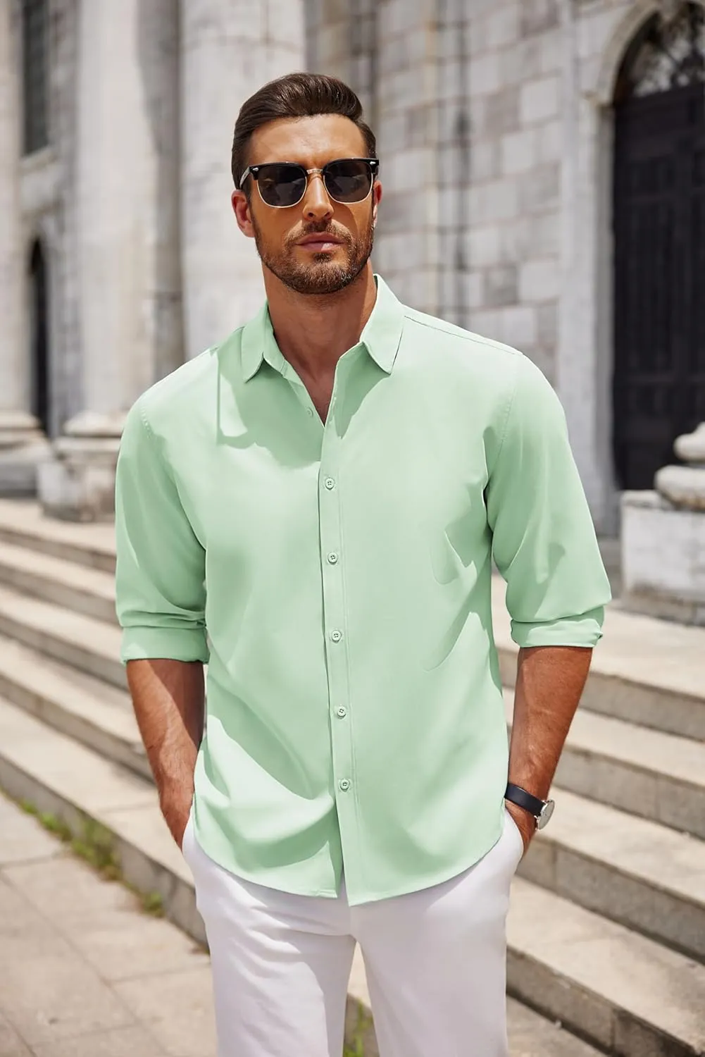COOFANDY Men's Long Sleeve Button Down Shirts Casual Untucked Dress Shirt Summer Beach Wedding Shirts