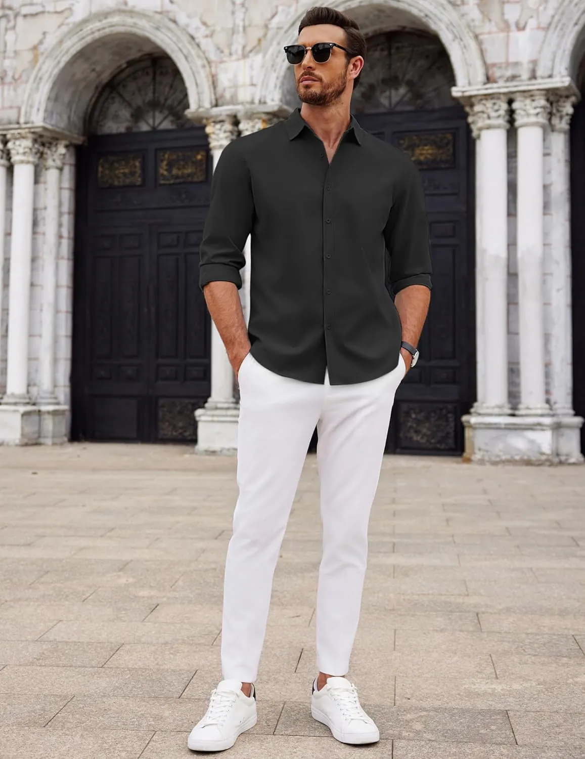 COOFANDY Men's Long Sleeve Button Down Shirts Casual Untucked Dress Shirt Summer Beach Wedding Shirts