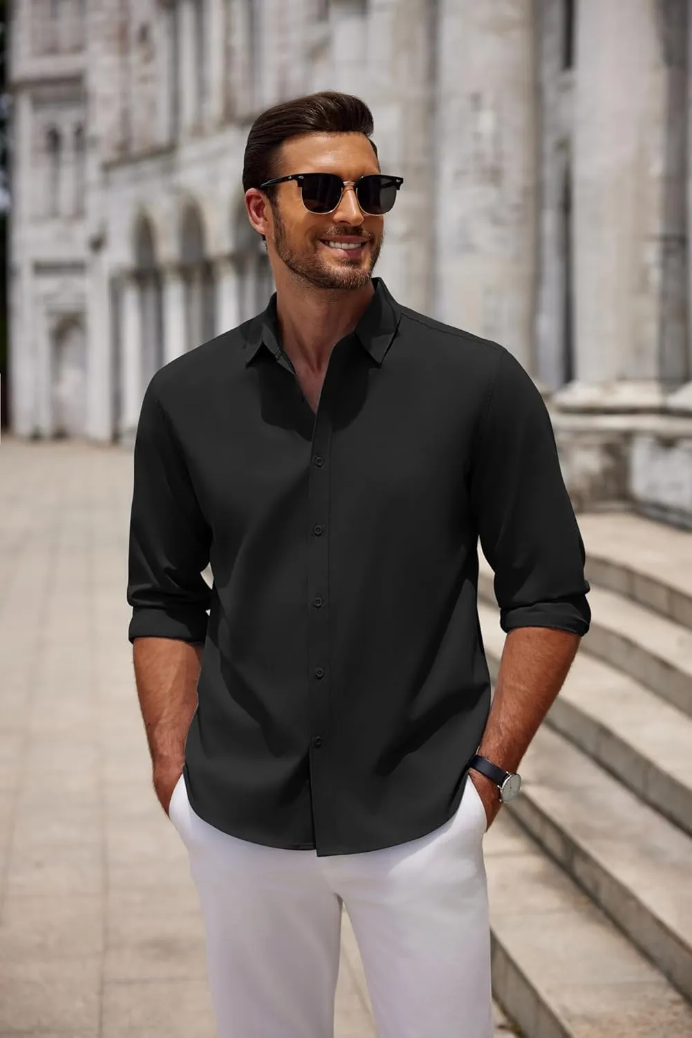 COOFANDY Men's Long Sleeve Button Down Shirts Casual Untucked Dress Shirt Summer Beach Wedding Shirts