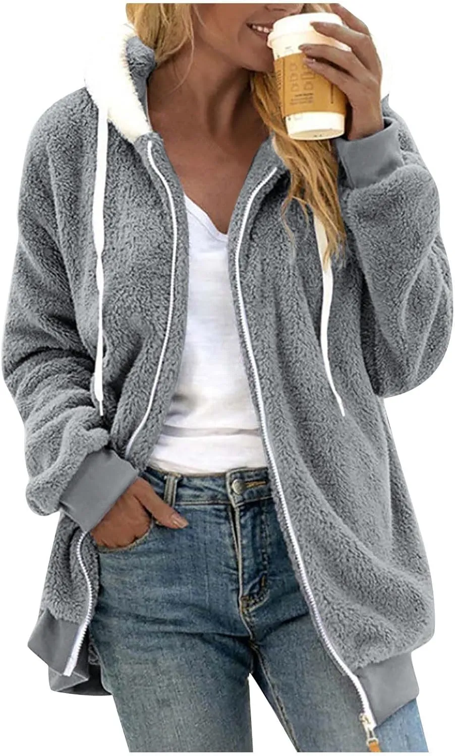 COTECRAM Jackets for Women Casual Plus Size Sherpa Fleece Winter Coats Full Zip Up Fuzzy Plush Sweater Hoodies Outerwear