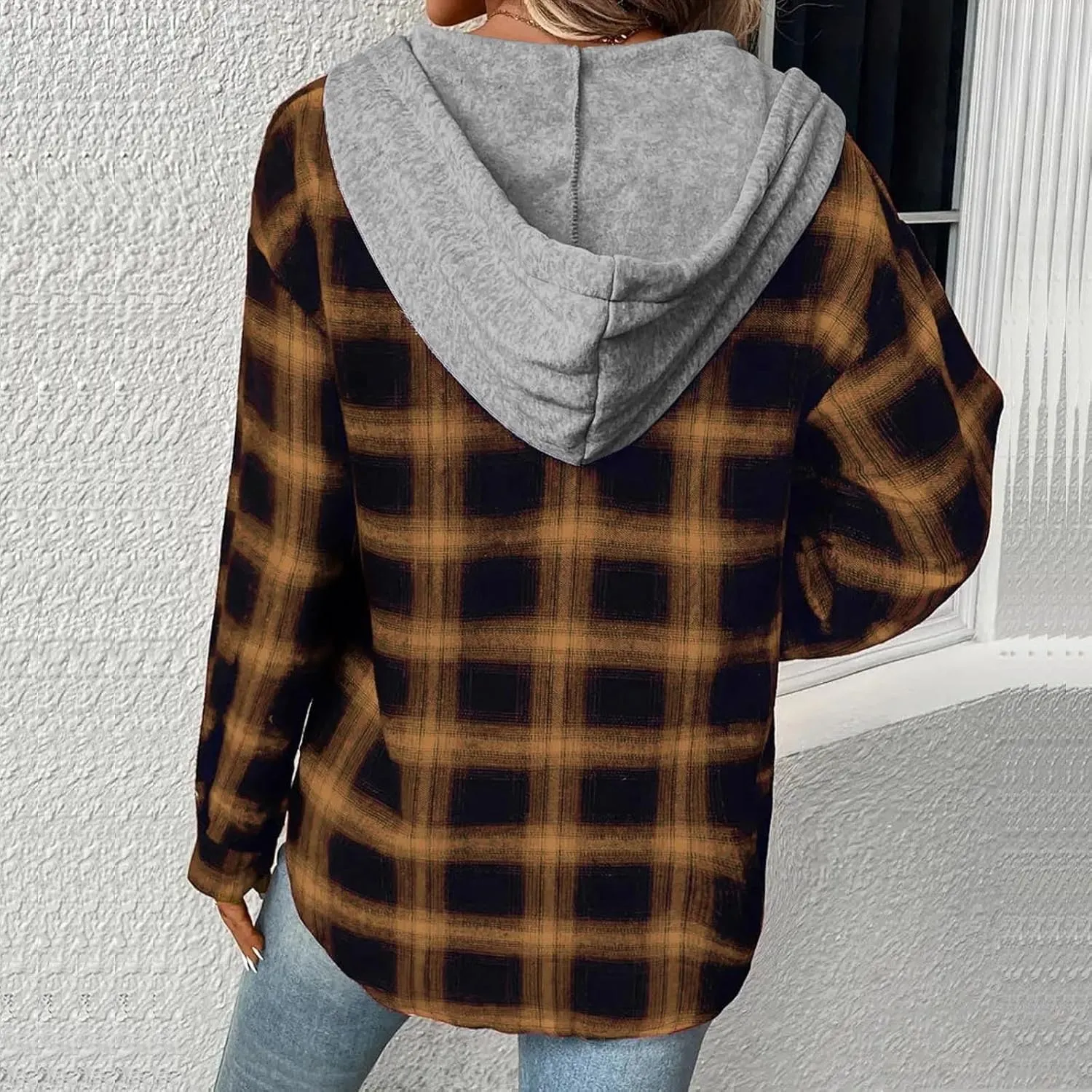 Cotton Women's Plaid Hooded Shirt Jacket Button Down Shacket Drawstring Hooded Fall Streetwear Leisure Commuting