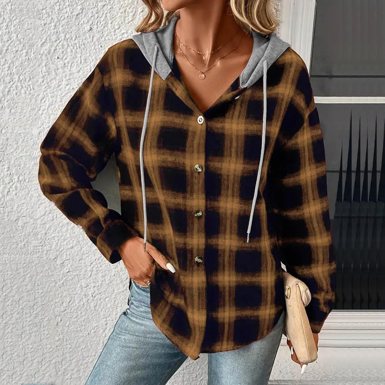 Cotton Women's Plaid Hooded Shirt Jacket Button Down Shacket Drawstring Hooded Fall Streetwear Leisure Commuting