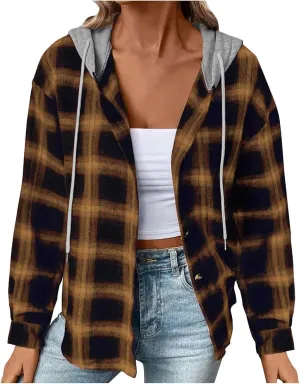 Cotton Women's Plaid Hooded Shirt Jacket Button Down Shacket Drawstring Hooded Fall Streetwear Leisure Commuting