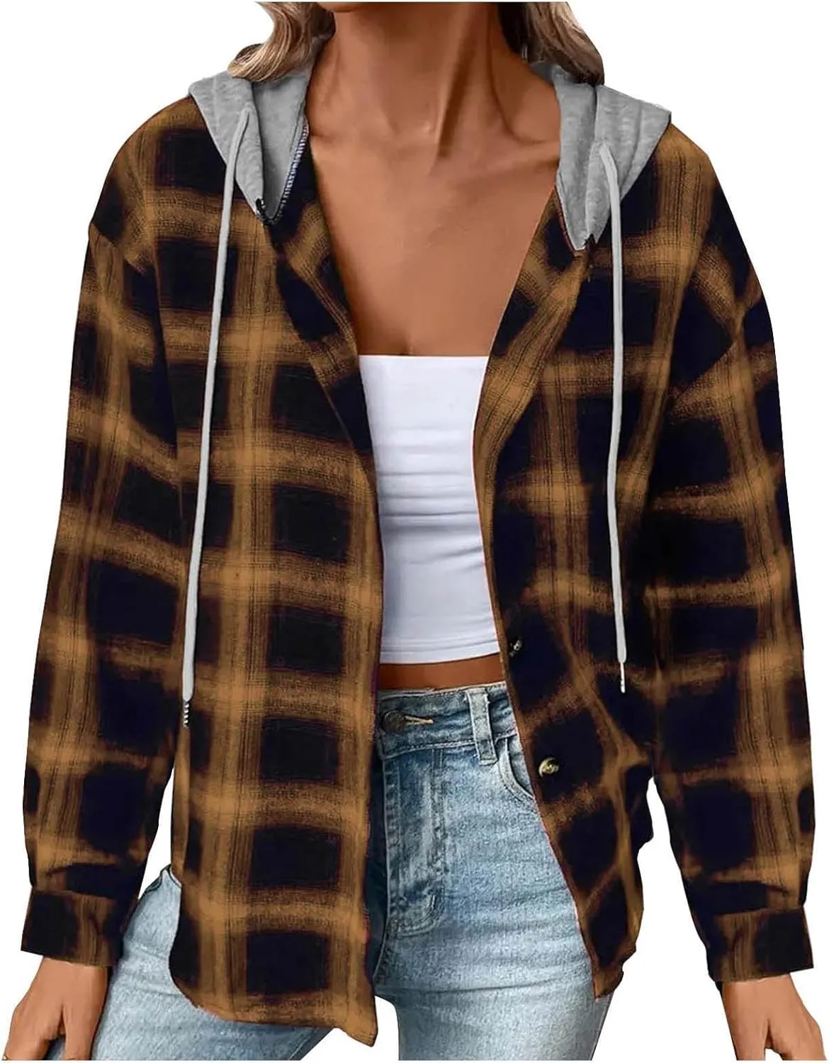 Cotton Women's Plaid Hooded Shirt Jacket Button Down Shacket Drawstring Hooded Fall Streetwear Leisure Commuting
