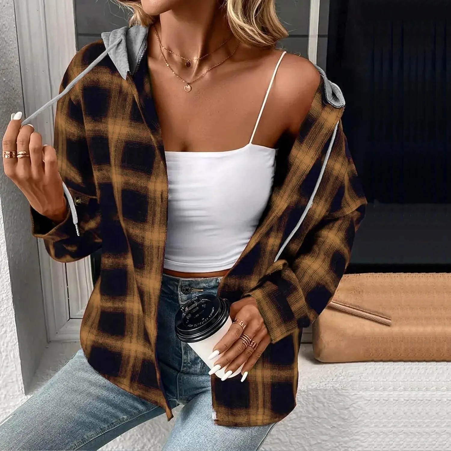 Cotton Women's Plaid Hooded Shirt Jacket Button Down Shacket Drawstring Hooded Fall Streetwear Leisure Commuting