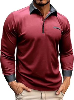 CRNTCEM Mens Long Sleeves Button Up Polo Shirts Chinos Cotton Slim Fit Tennis Shirts Lapel Collar Business Work Golf Teeshirt