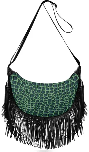 Crocodile Leather Green Animal Skin Fringe Bag for Women Cross Body Bag Tassel Shoulder Bag Satchel