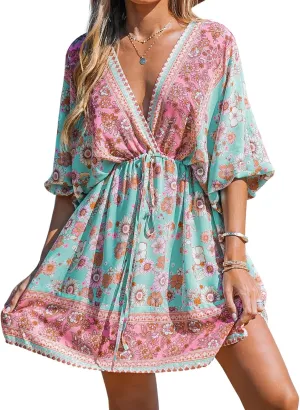 CUPSHE Women Casual Boho Sundress Summer Floral Print Tie Front Dress 3/4 Sleeves Paisley Beach Mini Dresses