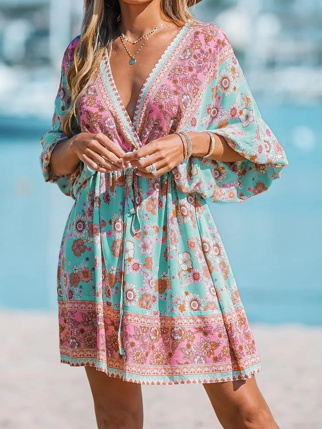 CUPSHE Women Casual Boho Sundress Summer Floral Print Tie Front Dress 3/4 Sleeves Paisley Beach Mini Dresses