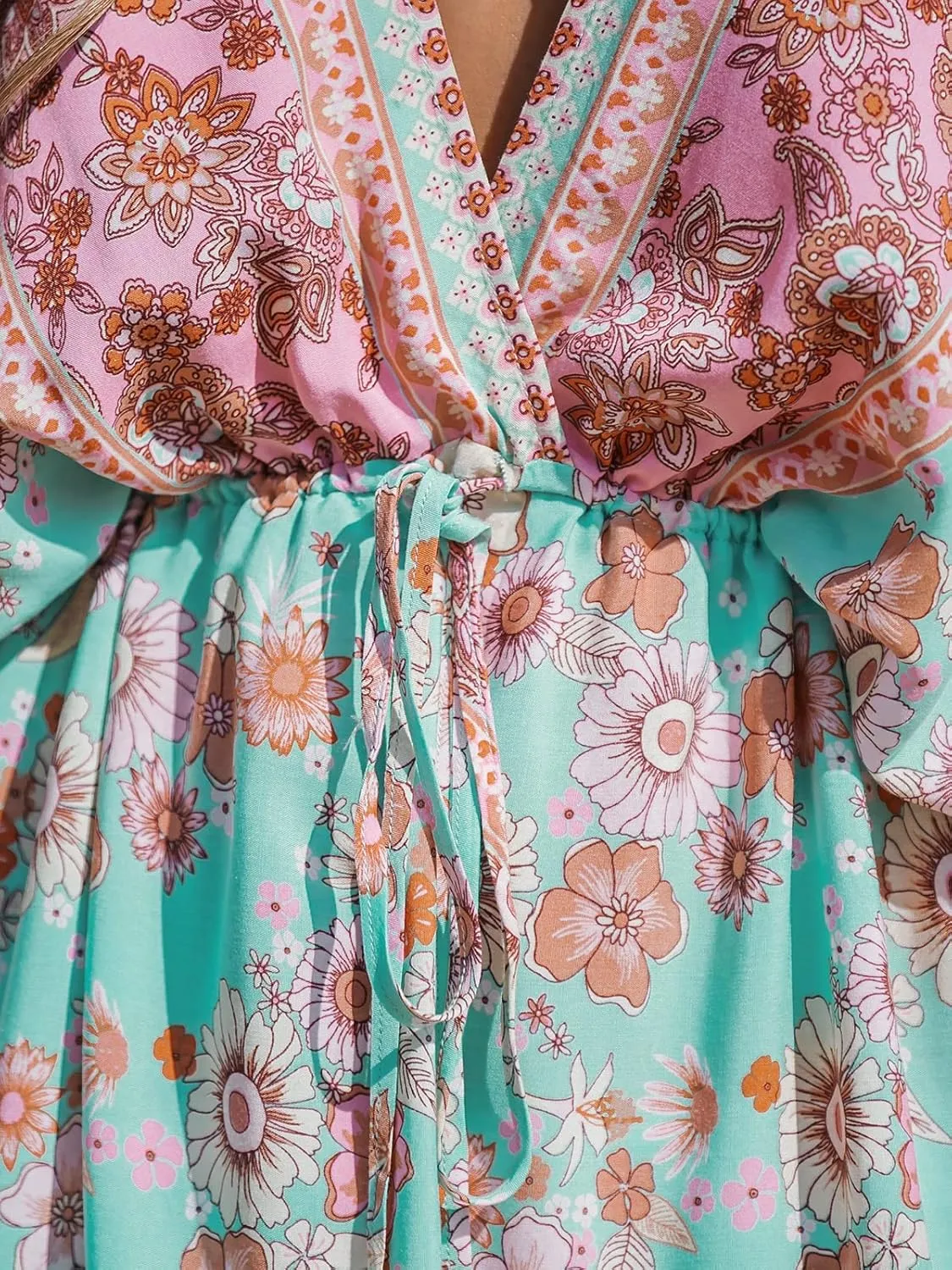 CUPSHE Women Casual Boho Sundress Summer Floral Print Tie Front Dress 3/4 Sleeves Paisley Beach Mini Dresses