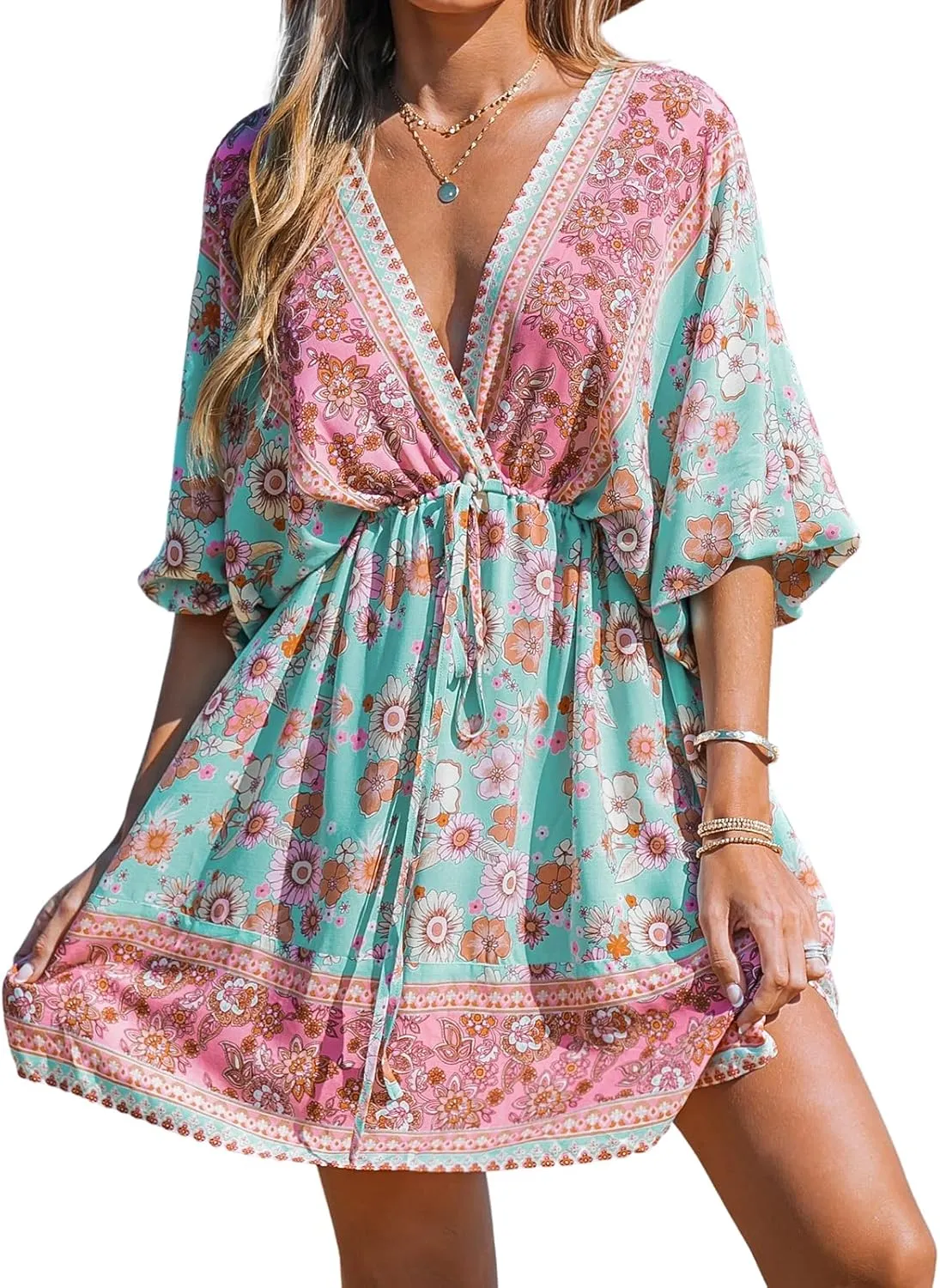 CUPSHE Women Casual Boho Sundress Summer Floral Print Tie Front Dress 3/4 Sleeves Paisley Beach Mini Dresses