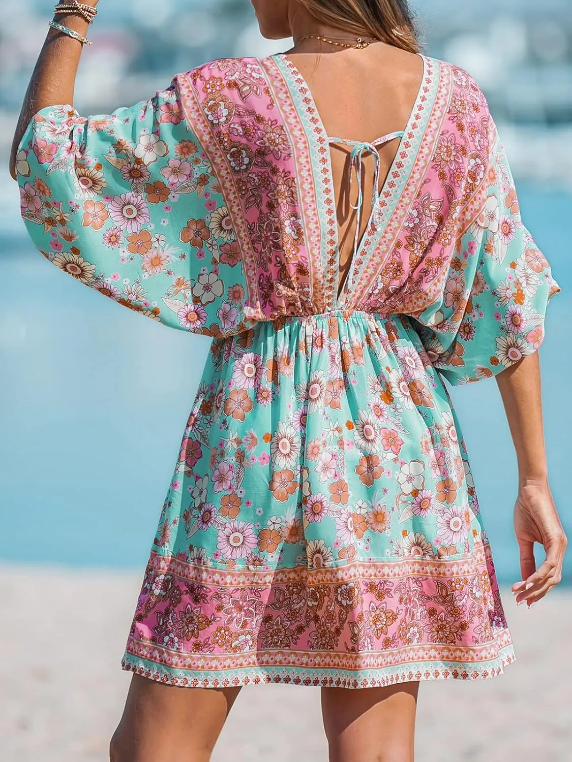 CUPSHE Women Casual Boho Sundress Summer Floral Print Tie Front Dress 3/4 Sleeves Paisley Beach Mini Dresses