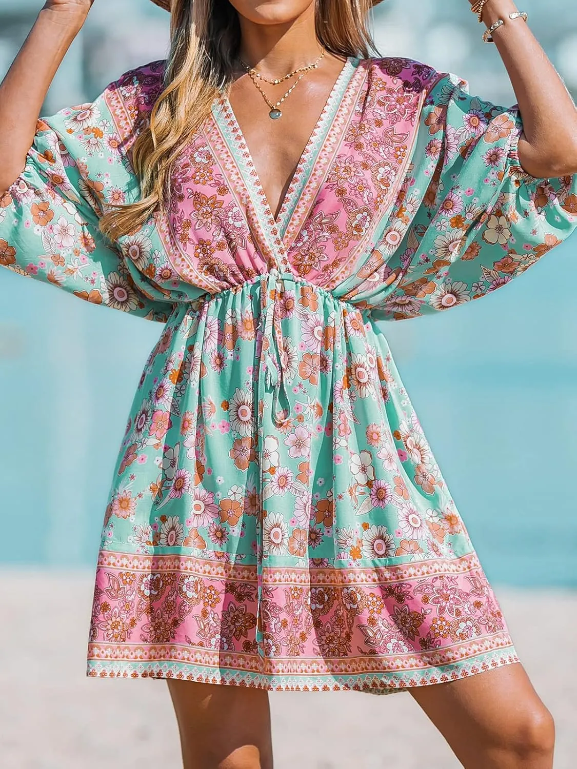 CUPSHE Women Casual Boho Sundress Summer Floral Print Tie Front Dress 3/4 Sleeves Paisley Beach Mini Dresses