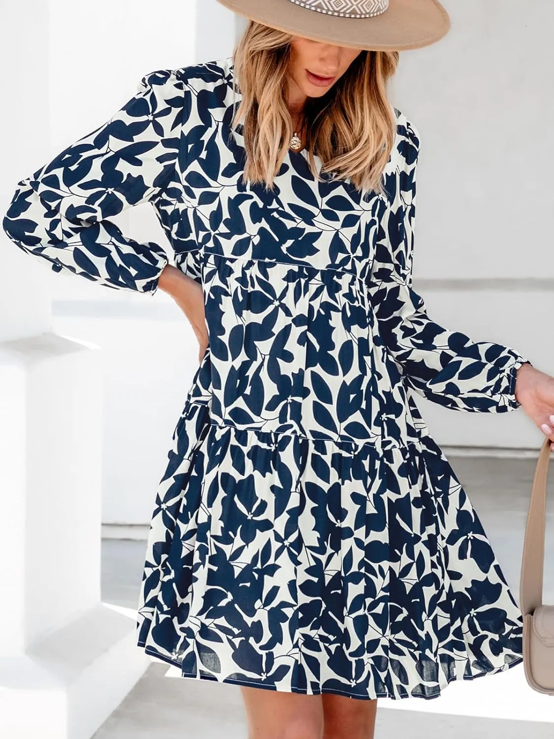 CUPSHE Women Ruffle Mini Fall Dress Floral Leaf V Neck Long Puff Sleeve Loose Plus Size Maternity Casual Autumn Dresses