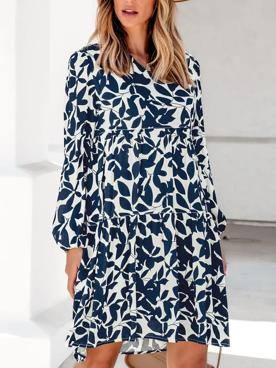 CUPSHE Women Ruffle Mini Fall Dress Floral Leaf V Neck Long Puff Sleeve Loose Plus Size Maternity Casual Autumn Dresses