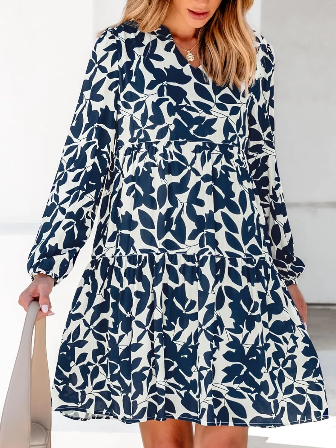 CUPSHE Women Ruffle Mini Fall Dress Floral Leaf V Neck Long Puff Sleeve Loose Plus Size Maternity Casual Autumn Dresses