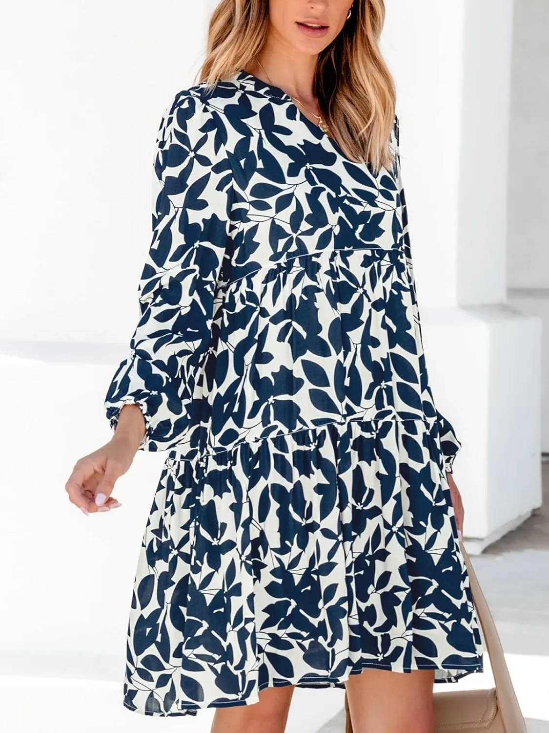 CUPSHE Women Ruffle Mini Fall Dress Floral Leaf V Neck Long Puff Sleeve Loose Plus Size Maternity Casual Autumn Dresses
