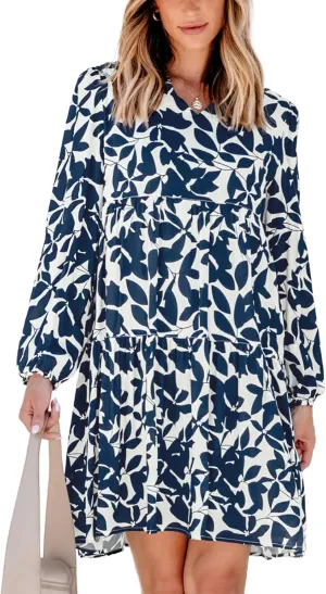 CUPSHE Women Ruffle Mini Fall Dress Floral Leaf V Neck Long Puff Sleeve Loose Plus Size Maternity Casual Autumn Dresses
