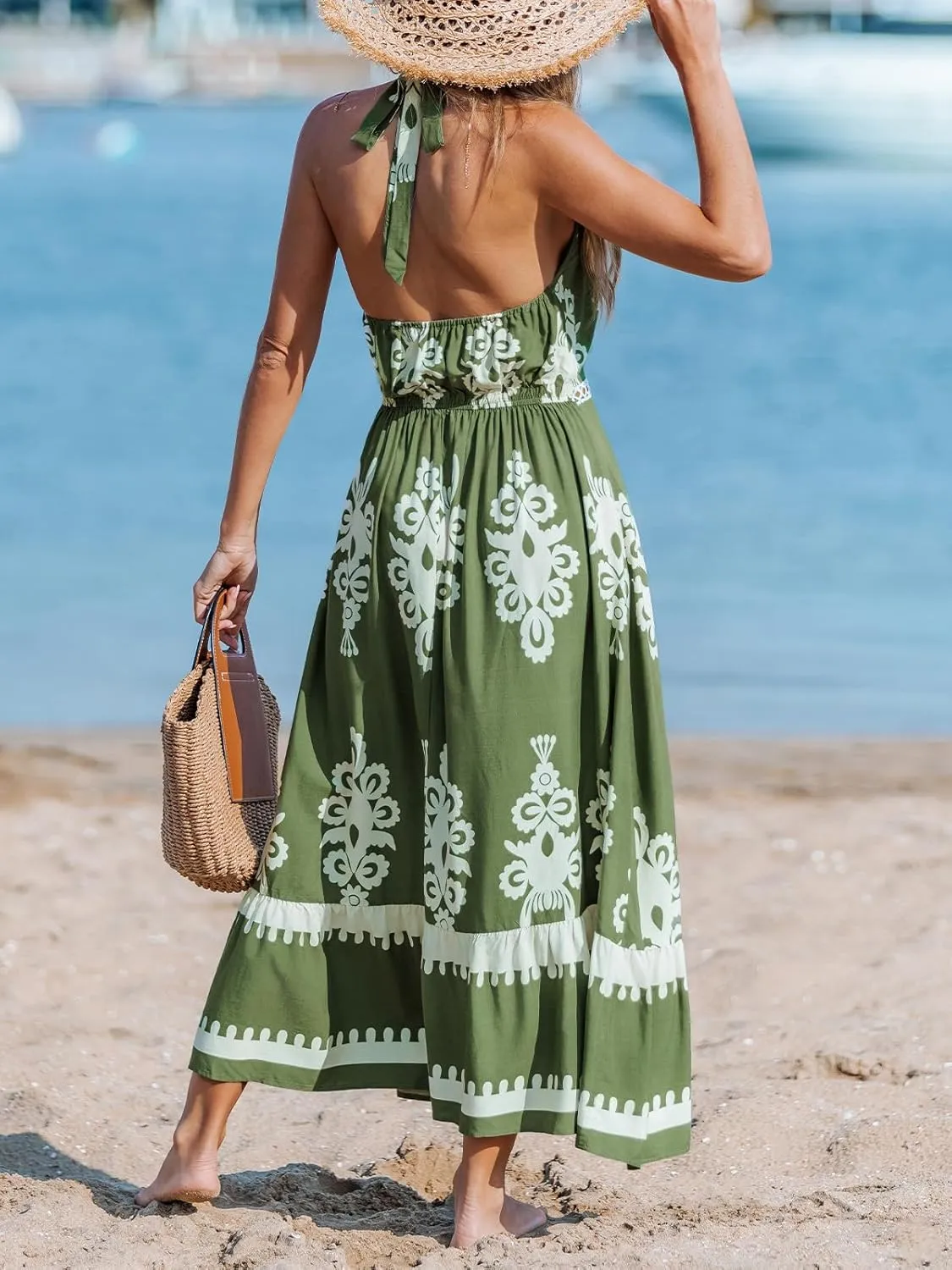 CUPSHE Women's Midi Dress Halter Paisley Sleeveless Cutout Waist Long Beach Boho Summer Dress