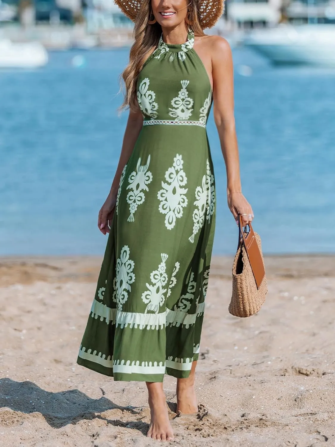 CUPSHE Women's Midi Dress Halter Paisley Sleeveless Cutout Waist Long Beach Boho Summer Dress