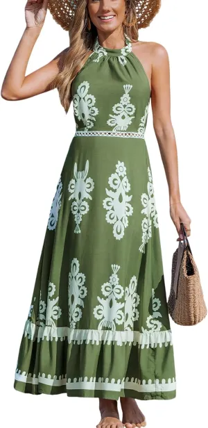 CUPSHE Women's Midi Dress Halter Paisley Sleeveless Cutout Waist Long Beach Boho Summer Dress