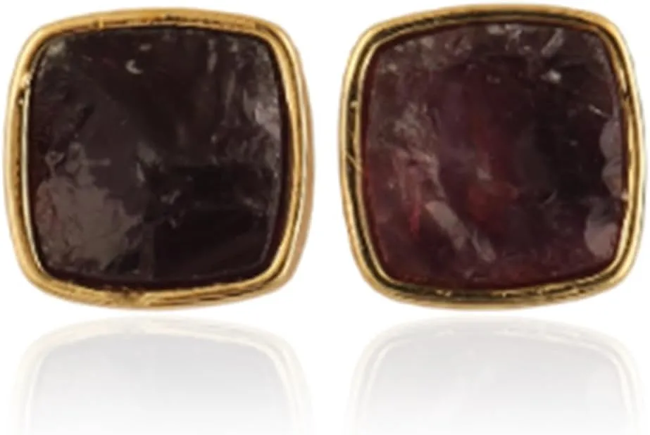 Cushion Cut Raw Garnet Stud Earrings, 8mm, Gold Plated Brass