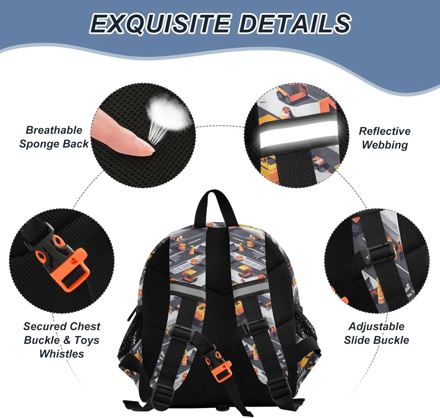 Custom Cute Ears Mini Kids Backpack Leash Boy's/Girl's Anti-Lost Personalized Daycare Diaper Bag with Reflective Strip M Construction Scene Highway Construction Bulldozer