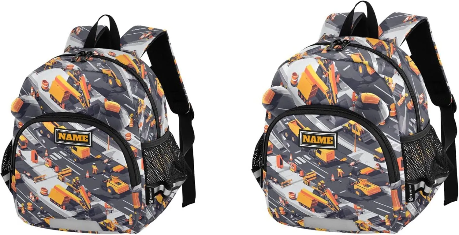 Custom Cute Ears Mini Kids Backpack Leash Boy's/Girl's Anti-Lost Personalized Daycare Diaper Bag with Reflective Strip M Construction Scene Highway Construction Bulldozer