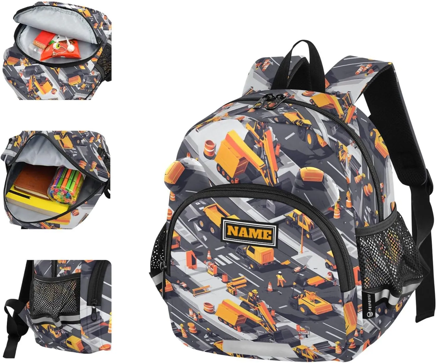 Custom Cute Ears Mini Kids Backpack Leash Boy's/Girl's Anti-Lost Personalized Daycare Diaper Bag with Reflective Strip M Construction Scene Highway Construction Bulldozer