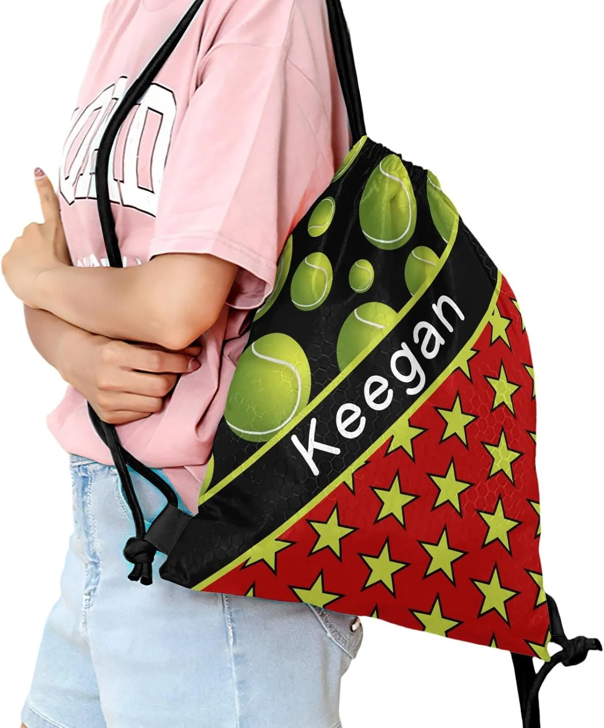Custom Green Tennis Balls Drawstrings Bags Backpack Light Durable Gym String Sackpack For Party Sport Trip