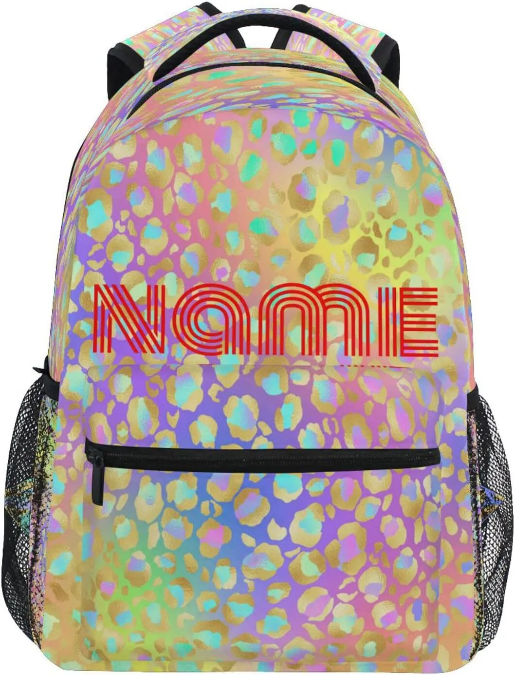 Custom Name Backpack Rainbow Glitter Leopard Backpacks Diy Casual Daypack Back Pack 16 inch Laptop Bag Double Zipper Travel Sports Bags with Adjustable Shoulder Strap