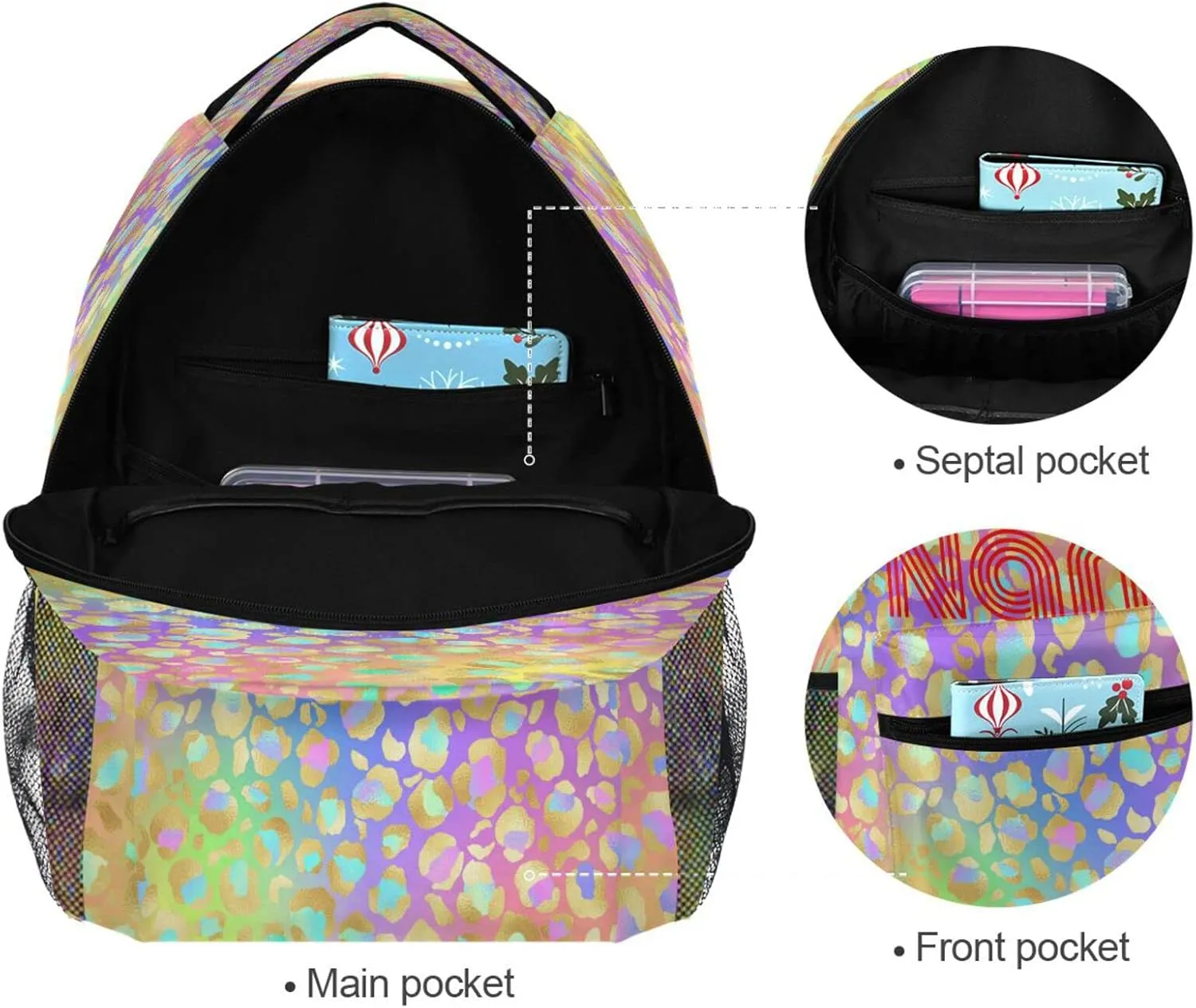 Custom Name Backpack Rainbow Glitter Leopard Backpacks Diy Casual Daypack Back Pack 16 inch Laptop Bag Double Zipper Travel Sports Bags with Adjustable Shoulder Strap