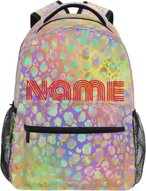 Custom Name Backpack Rainbow Glitter Leopard Backpacks Diy Casual Daypack Back Pack 16 inch Laptop Bag Double Zipper Travel Sports Bags with Adjustable Shoulder Strap