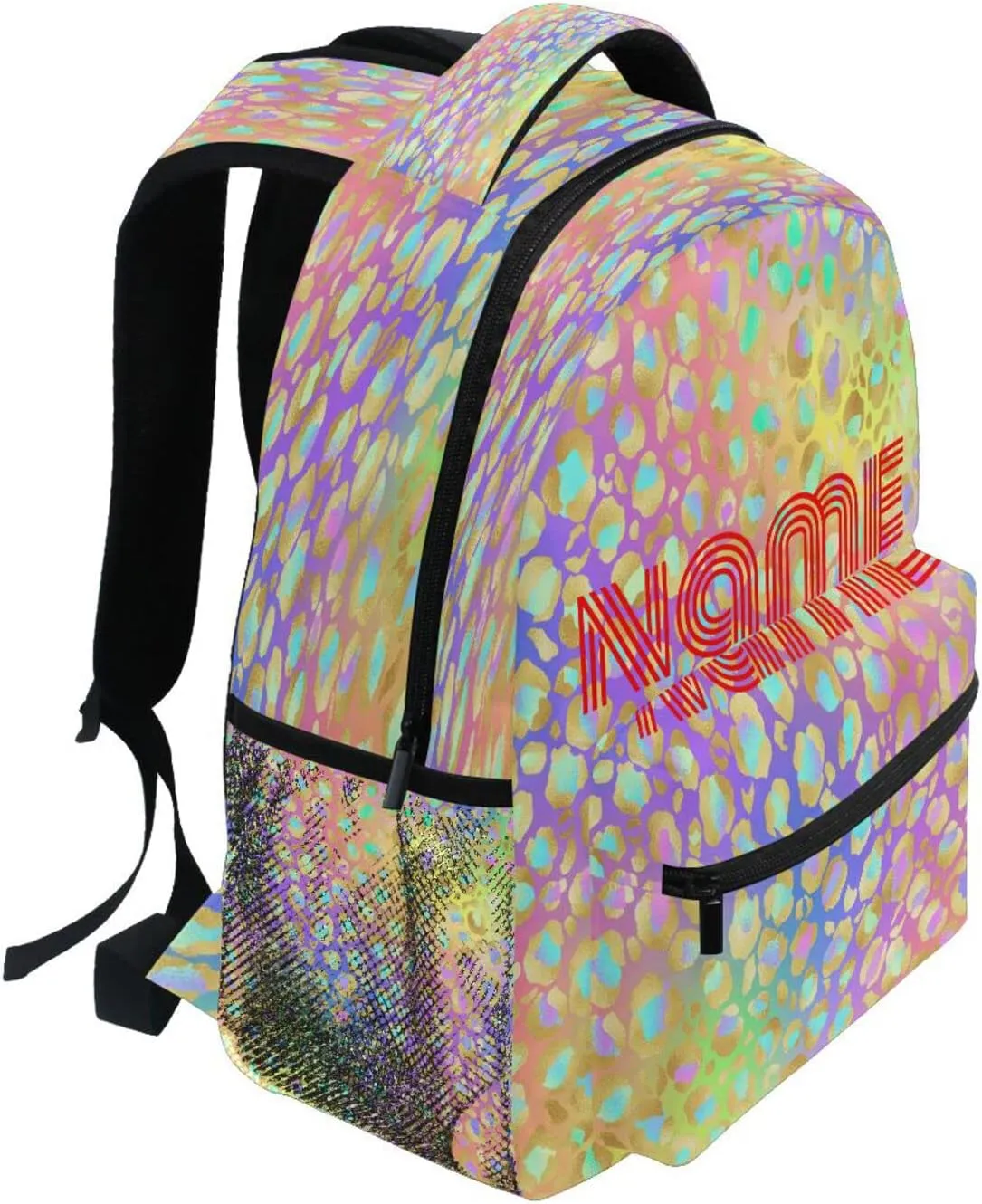Custom Name Backpack Rainbow Glitter Leopard Backpacks Diy Casual Daypack Back Pack 16 inch Laptop Bag Double Zipper Travel Sports Bags with Adjustable Shoulder Strap