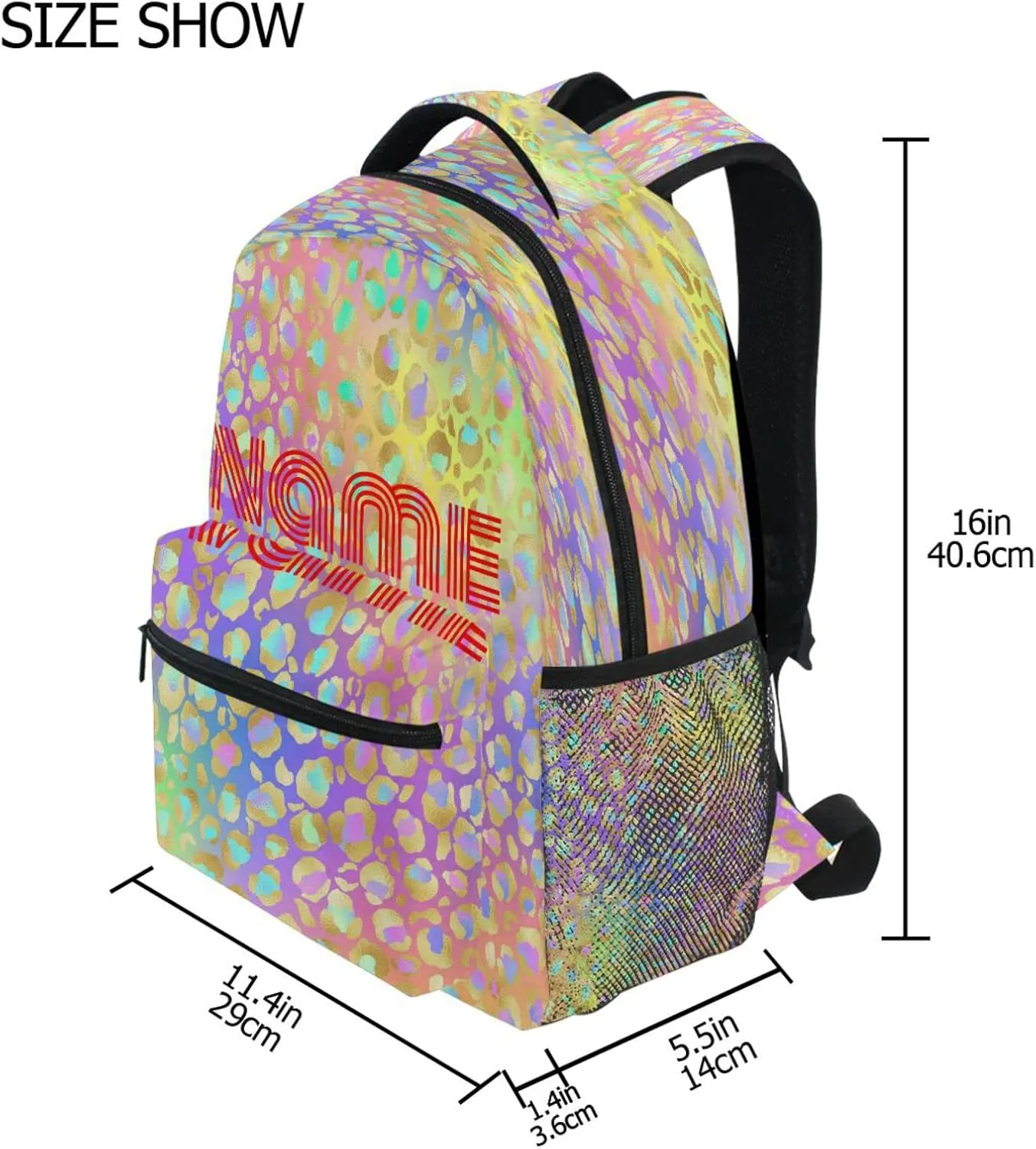 Custom Name Backpack Rainbow Glitter Leopard Backpacks Diy Casual Daypack Back Pack 16 inch Laptop Bag Double Zipper Travel Sports Bags with Adjustable Shoulder Strap